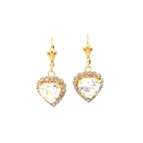 A pair of Heart Shaped Zirconia Stones dangle earrings in 14k gold filled, featuring sparkling zirconia stones surrounded by smaller crystals and suspended from decorative clasps, elegantly set against a pristine white background.